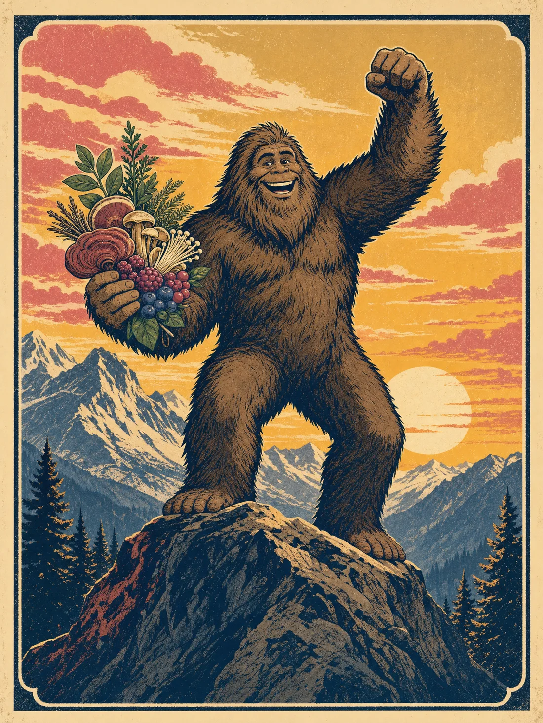 Vintage poster of Sasquatch on a mountain summit holding wild mushrooms and berries