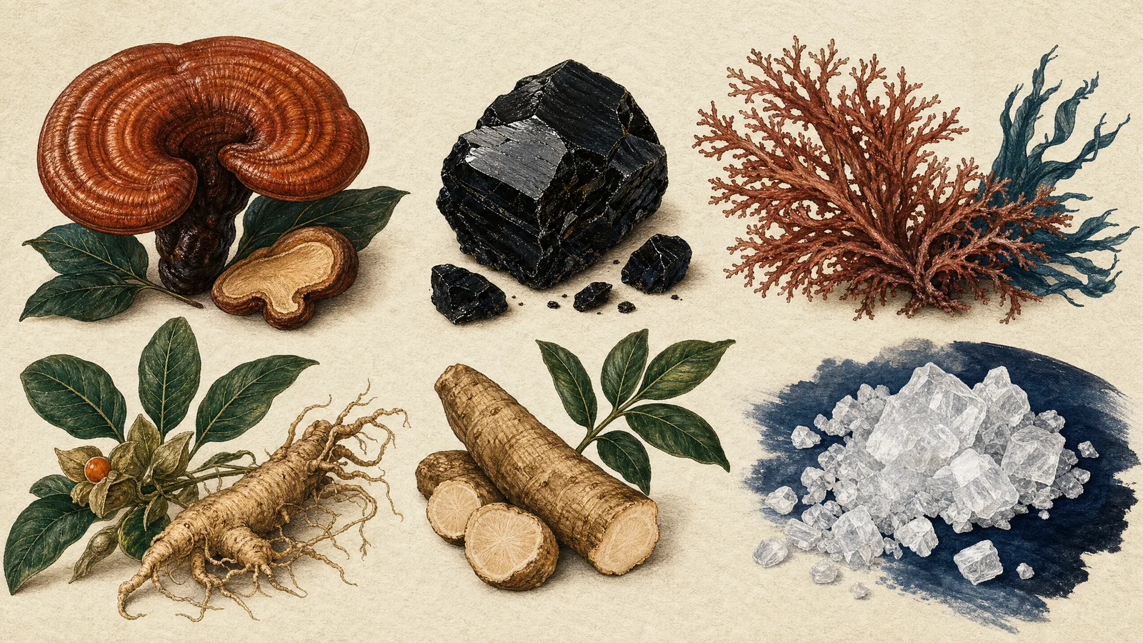 Illustrated field collection of Peak Wild ingredients — mushrooms, shilajit, sea moss, ashwagandha, tongkat ali and creatine