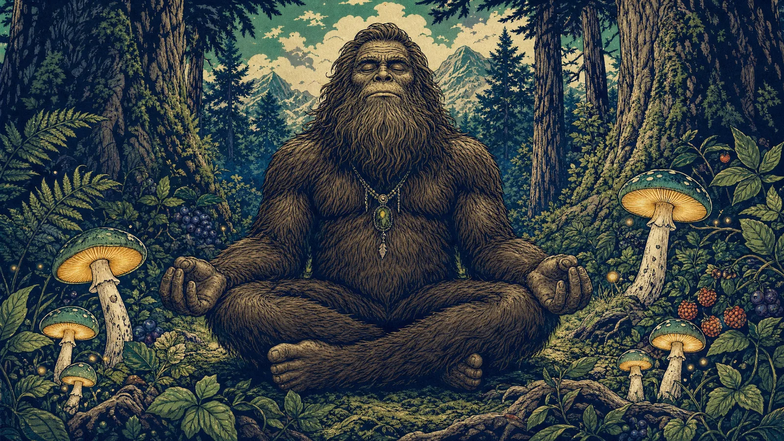 Illustration of Sasquatch meditating in an old-growth forest surrounded by mushrooms and berries